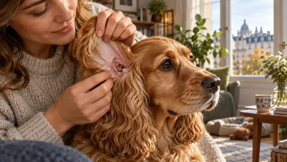 Cocker spaniel having an outer ear flap gently lifted in natural window light