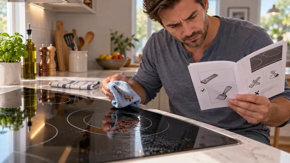 Three-quarter view of a cooled black glass-ceramic electric cooktop with a small hardened tomato sauce deposit near the rear-left burner. A person gently wipes surrounding cleaner residue with a microfiber cloth while an appliance instruction manual lies open on the kitchen island.