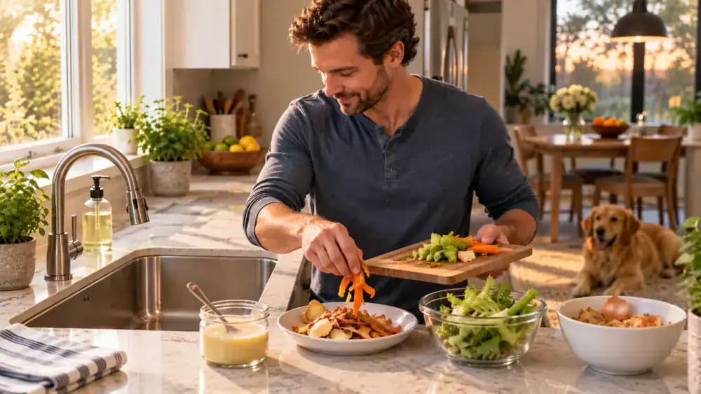Homeowner separating celery strings, vegetable peels, large food scraps, and cooled cooking grease into waste containers while rinsing a plate with tiny food remnants over a garbage disposal sink using cool water.