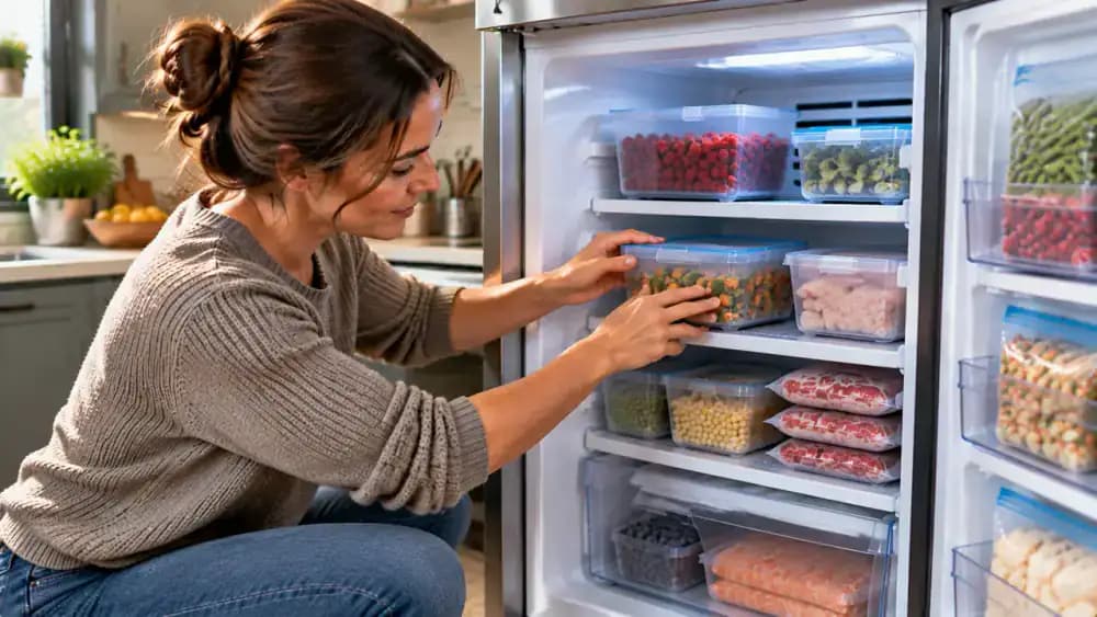 Homeowner checking sealed freezer containers and ensuring clear airflow openings during a final freezer storage review