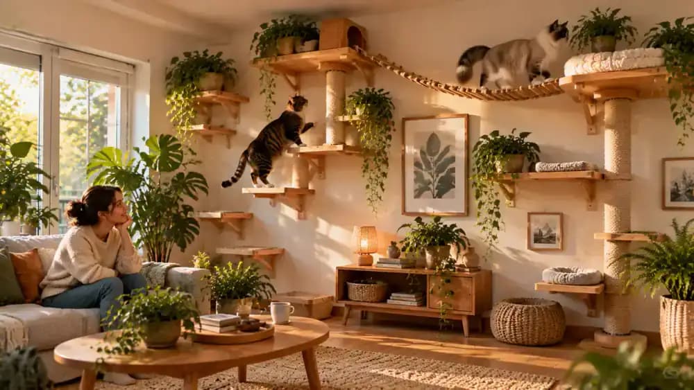 Two cats using separate routes on a wall-mounted climbing arrangement while their owner observes and adjusts a nearby freestanding platform to create another resting option.