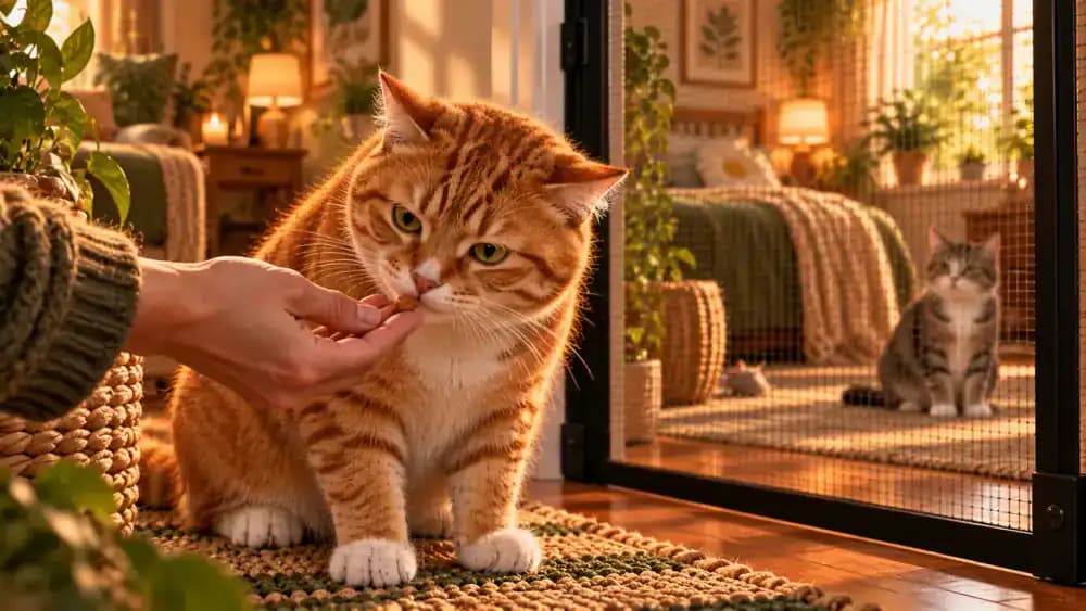Milo accepts a small treat after calmly observing Luna while she receives a separate reward