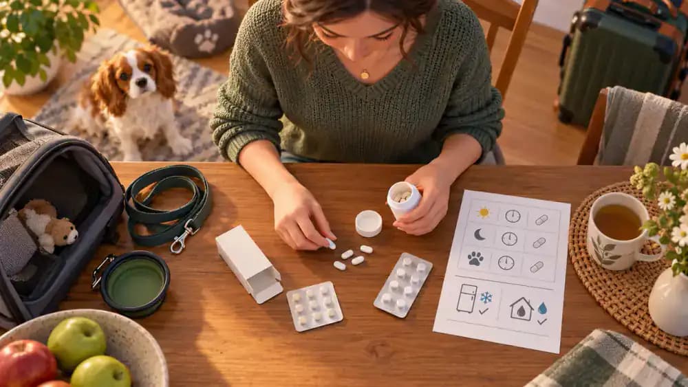 Pet prescription medication in original packaging beside a written dosing schedule before departure