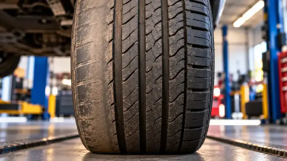 Educational tire tread comparison showing even wear, excessive wear on both shoulders, center tread wear, and uneven wear along one edge.