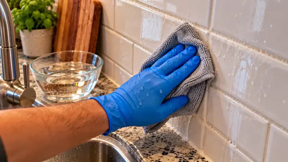 Blue-gloved hands rinsing non-acidic grout cleaner residue from cream ceramic kitchen backsplash tiles with a damp light blue microfiber cloth, wiping horizontal and vertical grout lines beside a bowl of clean water.
