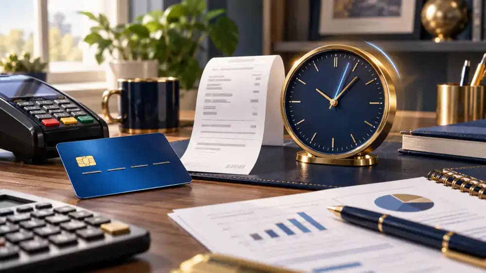 Clock beginning immediately beside a credit card purchase