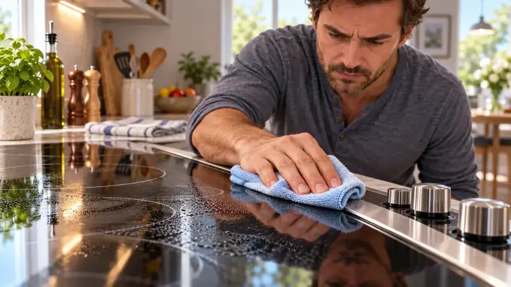 Close-up of a cooled black glass-ceramic electric cooktop with stainless steel trim as a hand carefully wipes cleaner residue from the glass edge using a folded microfiber cloth, keeping moisture away from burner controls, seams, and ventilation openings.
