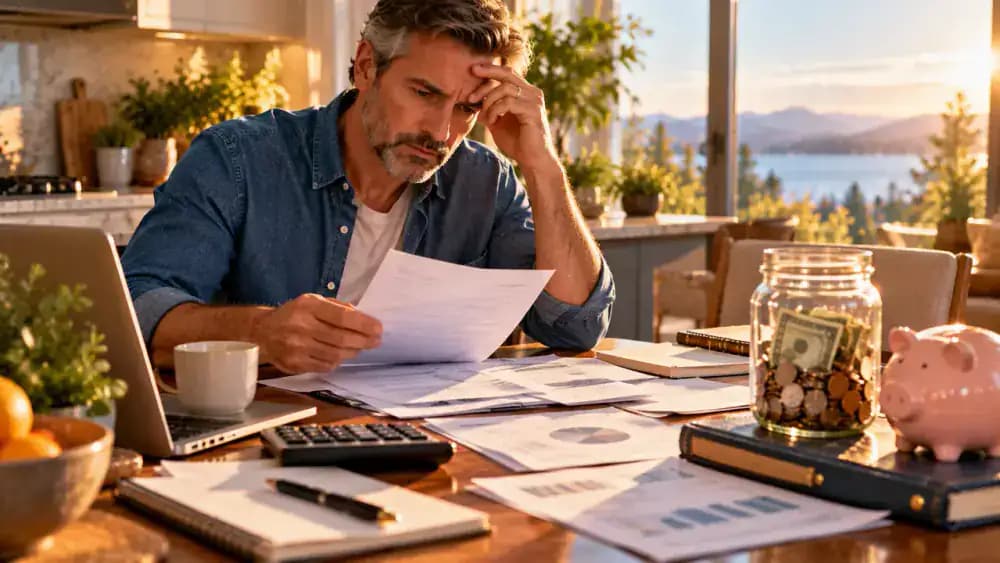 Concerned adult comparing emergency expenses with retirement savings at a kitchen table.