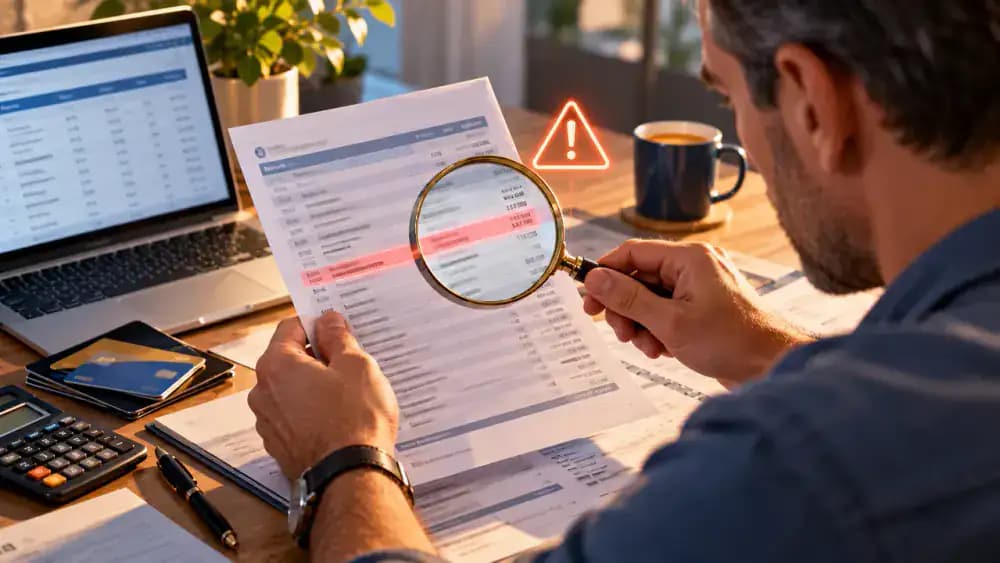 Consumer inspecting a credit card statement with a magnifying glass beside a subtle warning symbol.
