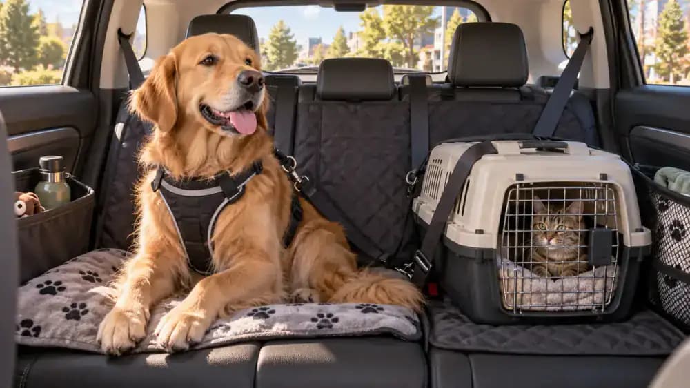 Golden retriever secured with a travel harness beside a properly restrained ventilated cat carrier in an SUV