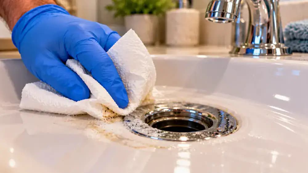 Close-up of a homeowner wearing protective gloves gently wiping soap residue from a chrome bathroom sink drain rim and surrounding white porcelain with a damp paper towel, while the removed pop-up stopper rests nearby.