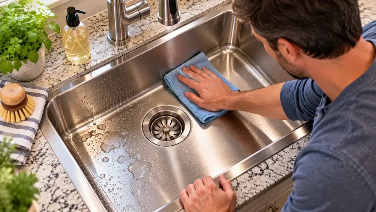 Overhead close-up of a clean stainless steel sink basin as a homeowner blots rinse-water puddles with a folded microfiber towel and dries toward the drain along the grain.