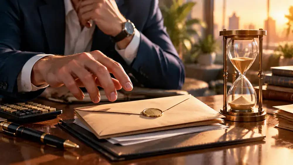 A hand hovering above a payment envelope beside an hourglass.