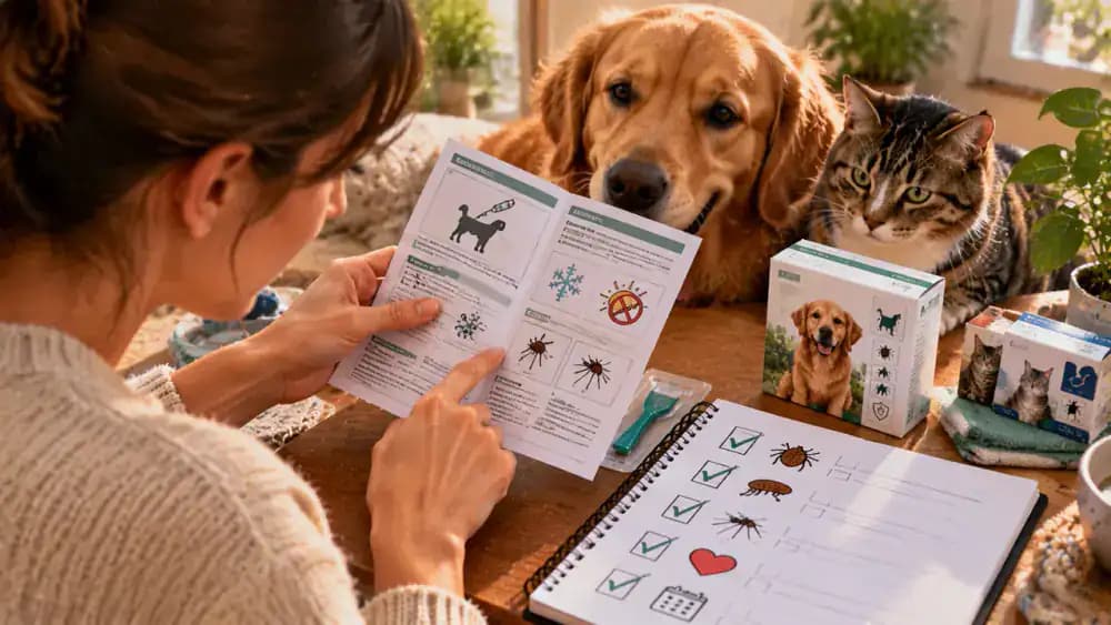 Pet owner reading a parasite prevention product leaflet at a well-lit table, comparing storage and handling instructions with a checklist, and calling the veterinary clinic to clarify an unclear direction.