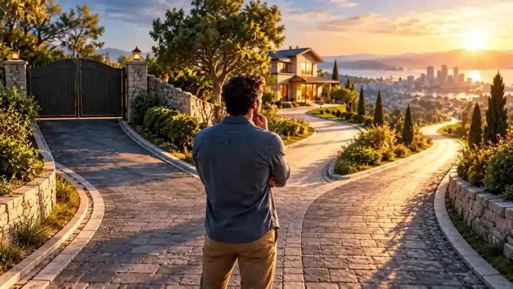 Homeowner facing several financial paths, including a blocked refinancing route, with a house in the background.