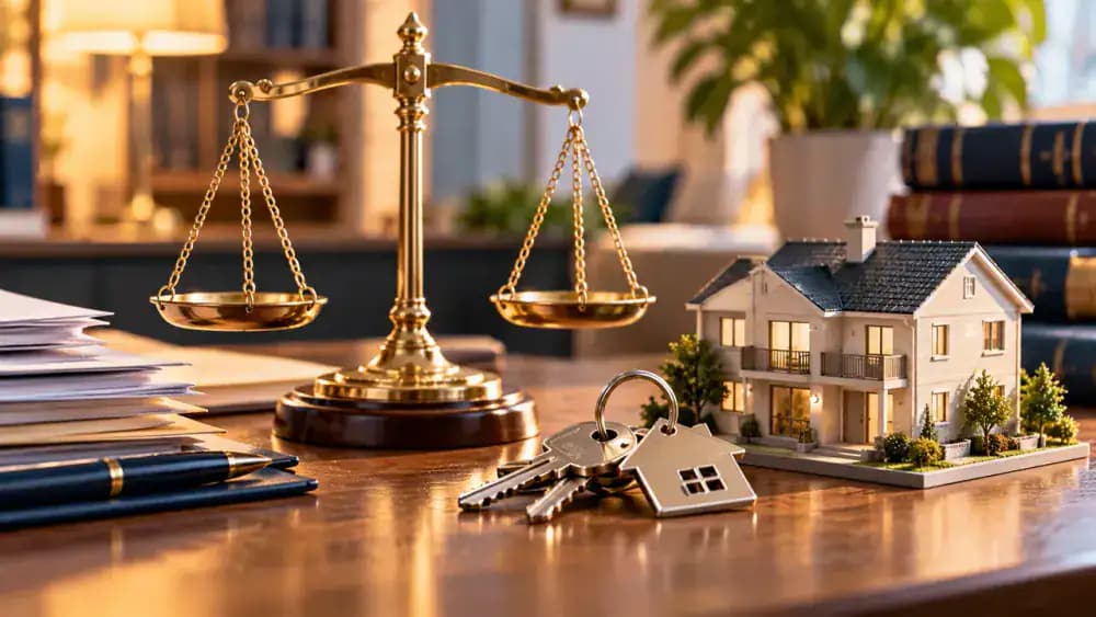 Scales of justice beside apartment keys and a miniature rental house representing federal and local tenant protections.