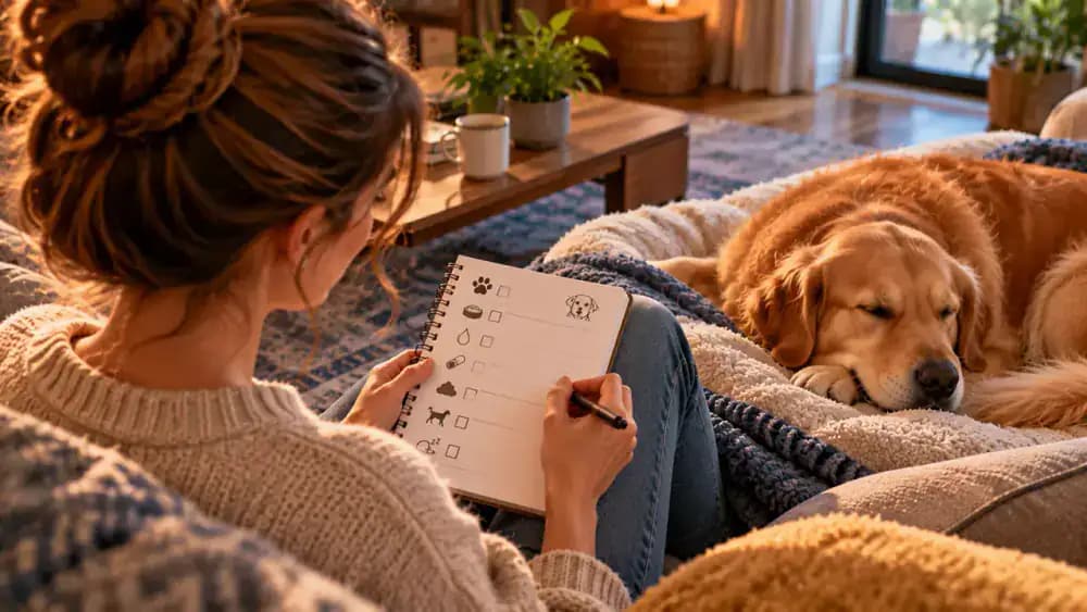 Golden retriever sleeping in its familiar spot at home while a tabby cat eats from its regular bowl, as the owner records appetite, behavior, and hotel travel observations in a Pet Travel Journal.