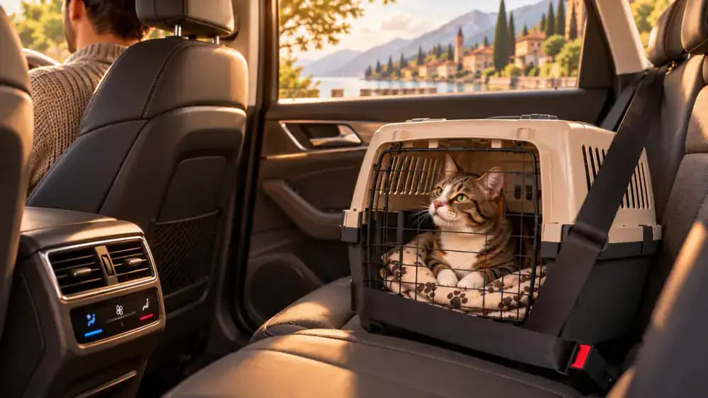 Cat carrier partially covered with a breathable towel while ventilation remains unobstructed