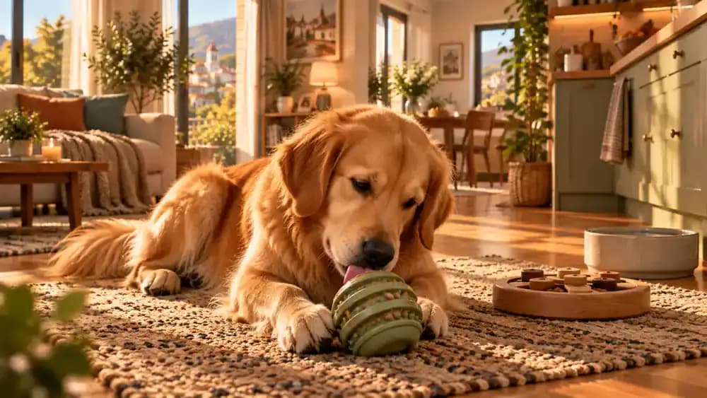 Bailey calmly licks food from a dog-safe enrichment toy on a clean kitchen rug while Emma stays nearby. A separate food puzzle and water bowl sit in the background.