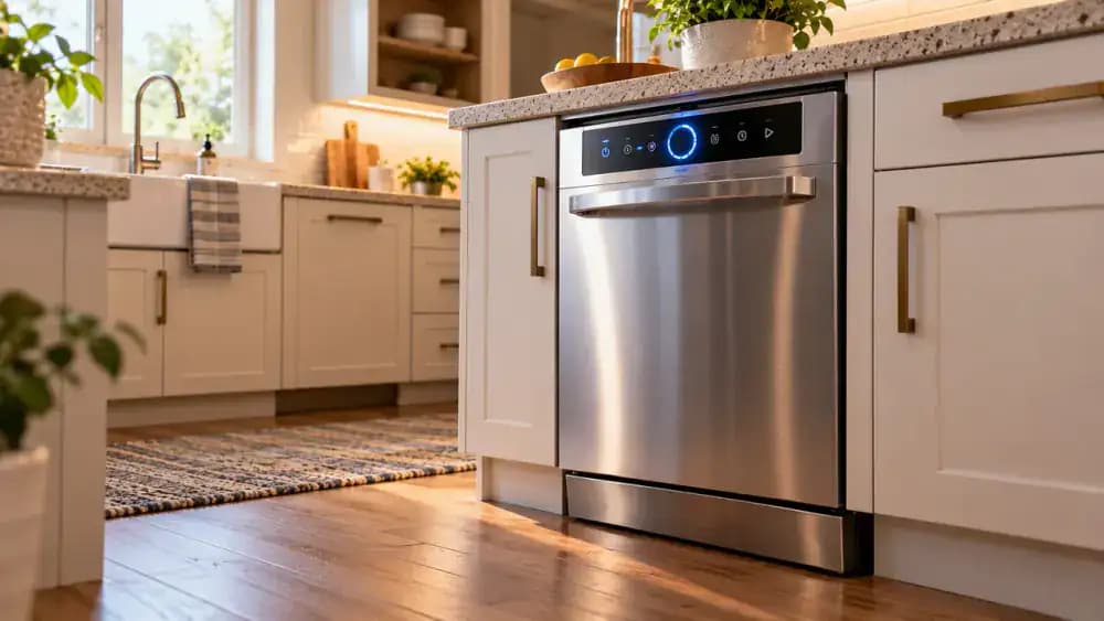 Wide view of a closed stainless steel dishwasher running a maintenance cycle, with an illuminated operating indicator, a person checking the dry floor for leaks, and an illustrative view of water circulating through internal spray arms.