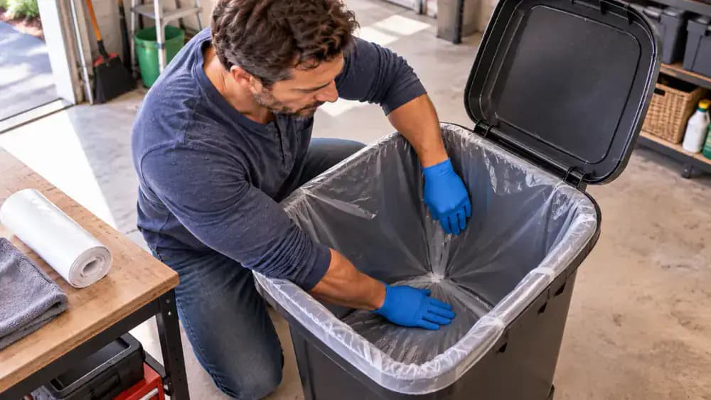Gloved person moving a clean kitchen trash can aside and using a flashlight to inspect the floor underneath for dried drips, moisture marks, and residue.