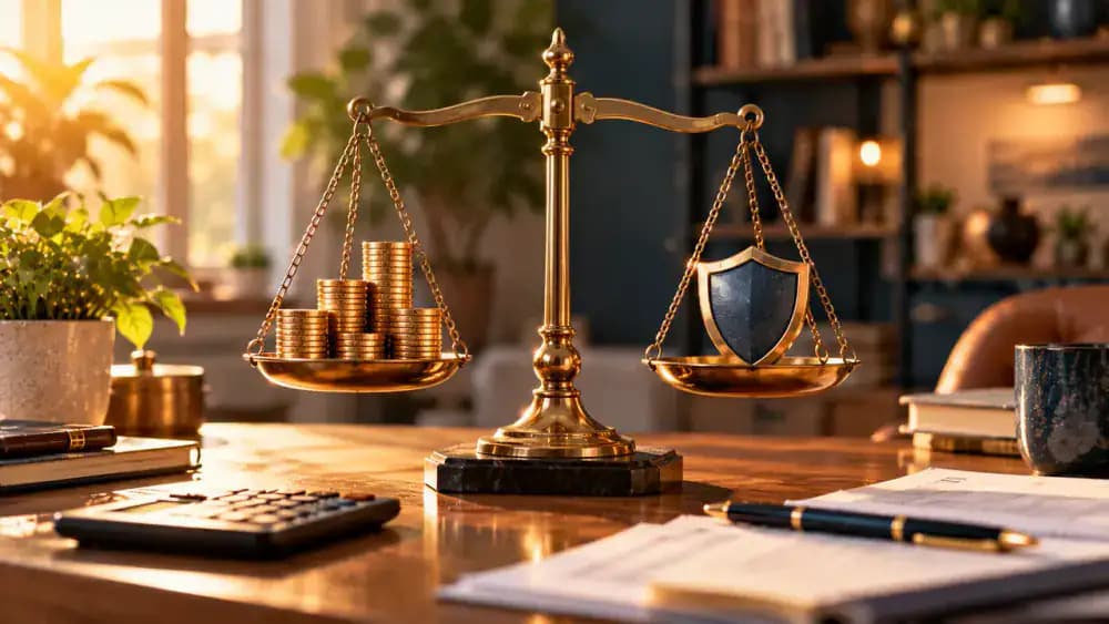 Balanced tabletop scale with stacks of coins on one side and a protective shield on the other.