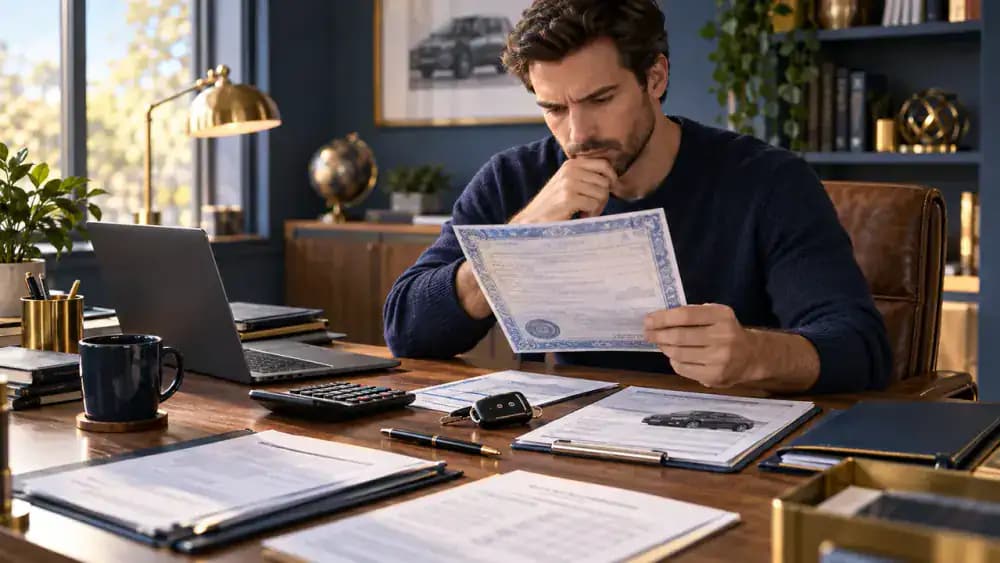 Vehicle title being checked beside car keys