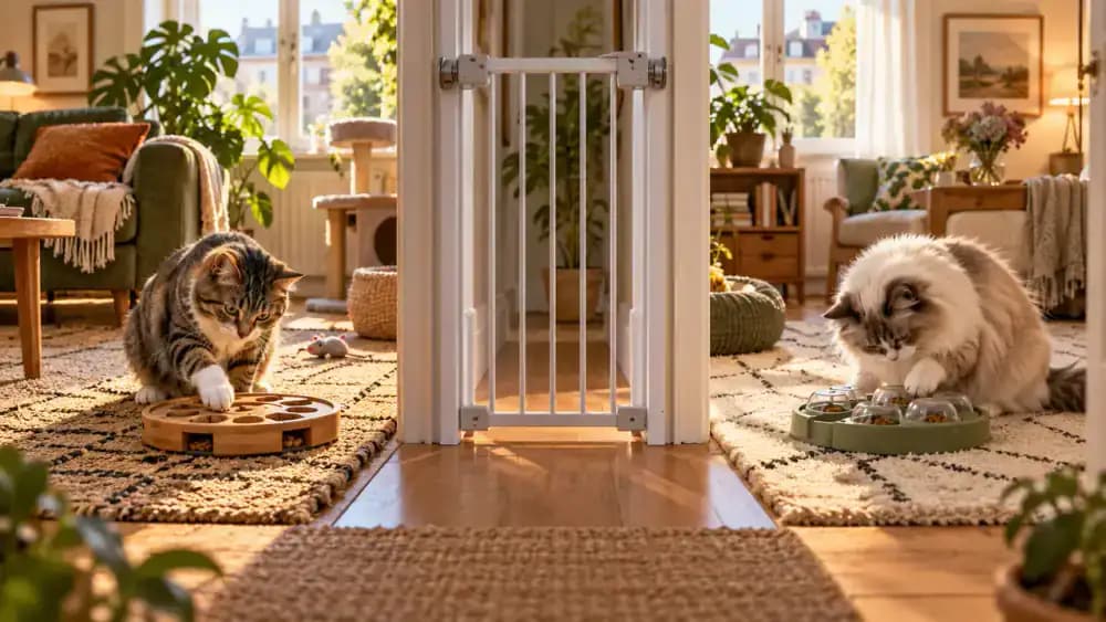 Two cats using separate puzzle feeders on opposite sides of a gate