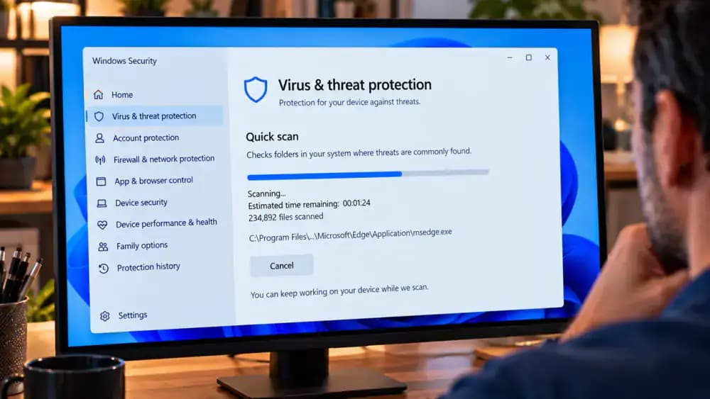 Windows 11 desktop displaying the Windows Security application on the Virus and threat protection page, with the Quick scan button highlighted and Microsoft Defender scan progress visible.