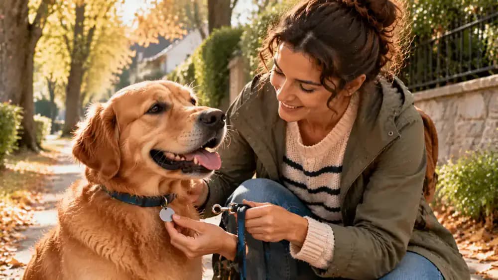 An owner checks the phone number on a dog's collar tag before attaching the leash, alongside a comparison showing a visible identification tag and a veterinarian scanning a microchip.