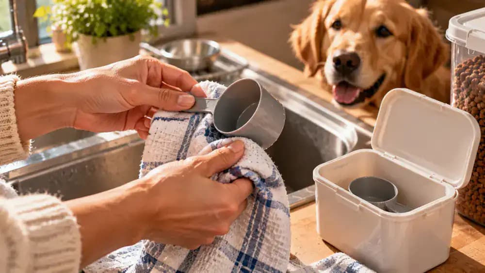 Close-up of a pet owner drying a washed measuring scoop with a clean towel beside a kitchen sink, with an open transparent scoop holder nearby.
