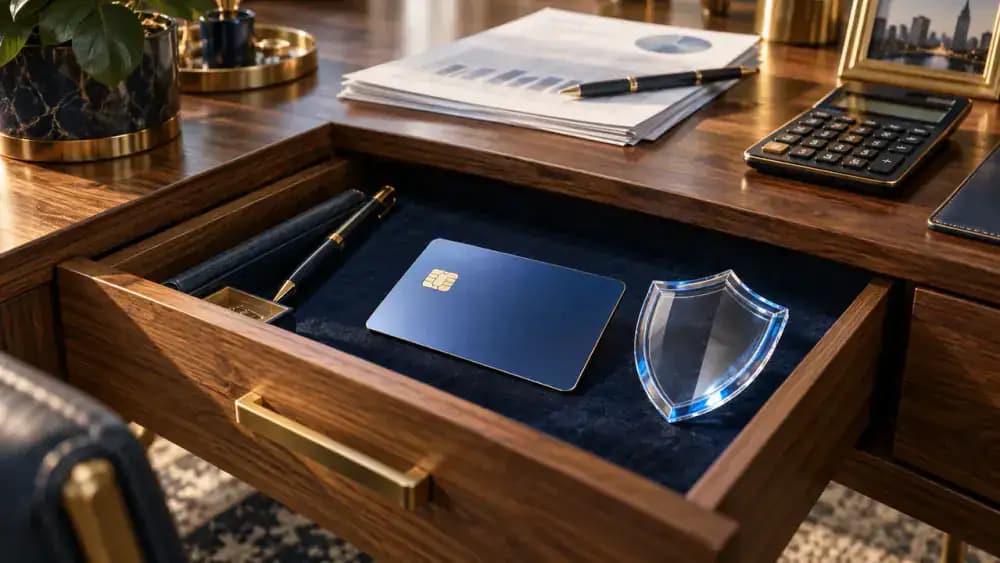 An unused credit card lying inside an open wooden drawer beside a protective shield.