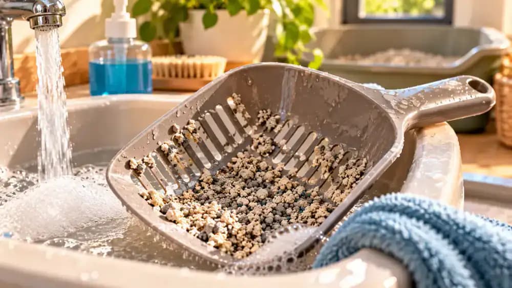 Close-up of litter particles trapped between a scoop's slots, followed by an owner washing the scoop with mild soap in a utility basin and storing it in a washable wall-mounted holder.