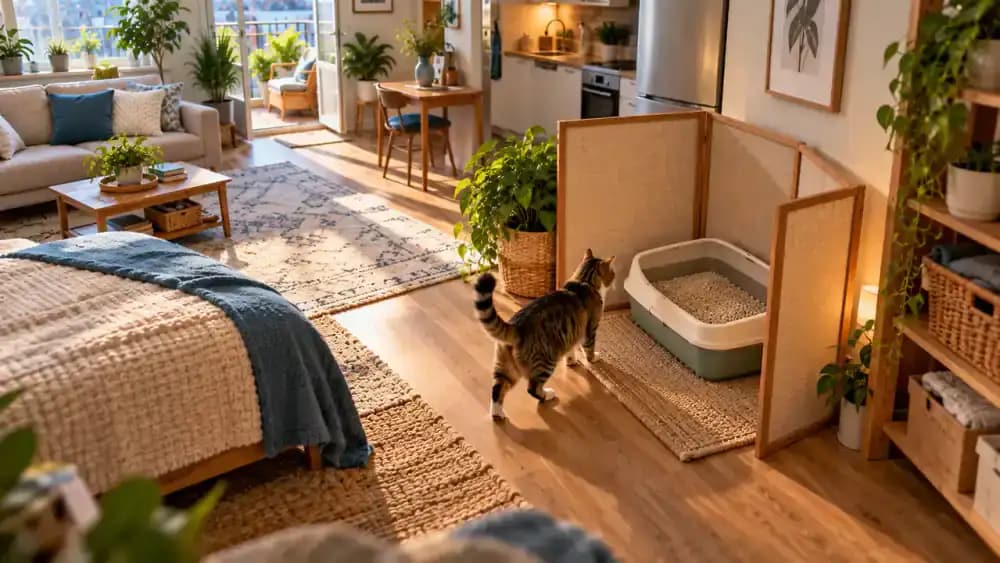 Compact studio apartment with limited floor space, an owner reviewing possible litter box positions, and a cat approaching a tray beside a quiet wall partially sheltered by a decorative screen.