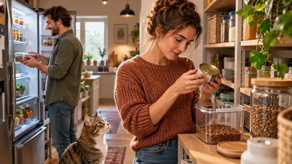 Adult checking the expiration date on a dry cat food bag before sealing it in an airtight container, while another person transfers leftover wet food into a covered refrigerator-safe container and a shorthair cat watches nearby.