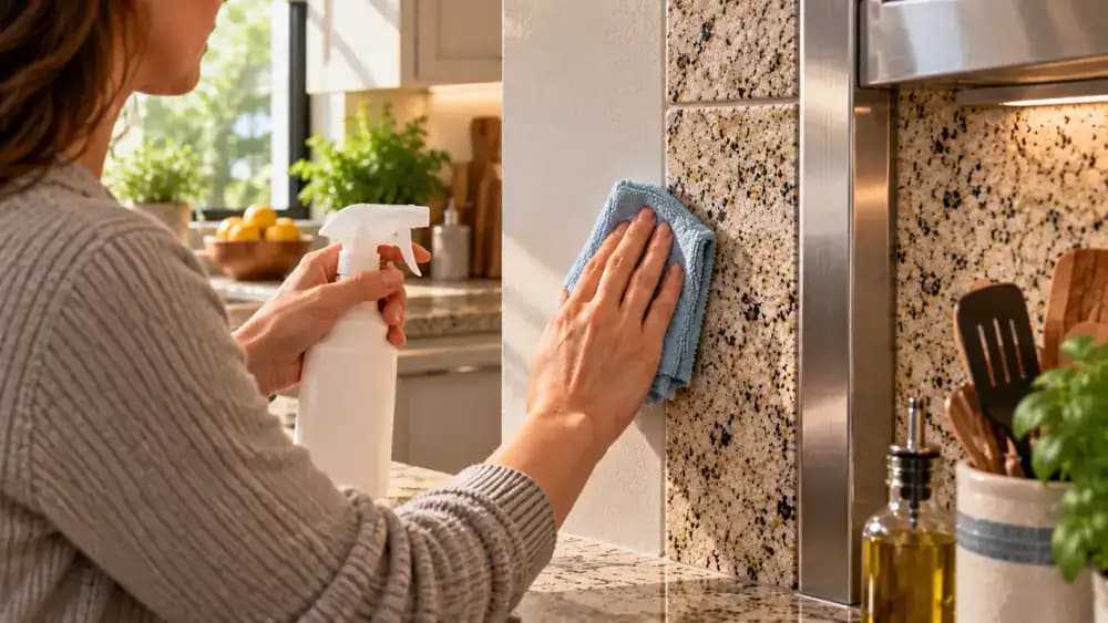 Hand switching from stone-safe cleaner to a compatible product and testing it with a fresh microfiber cloth on a painted backsplash beside specialty metal trim.
