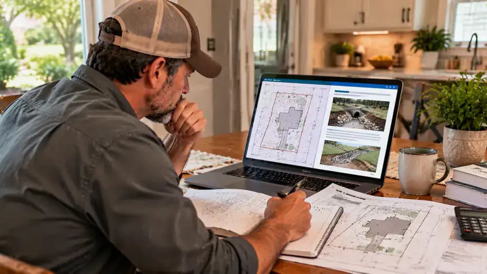 Homeowner at a kitchen table reviewing a generic municipal public works webpage on a laptop beside a property survey map, notebook, and phone, with a rain-streaked backyard visible through the window.