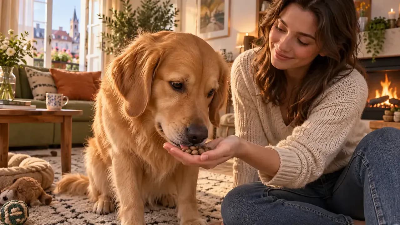 Calm dog gently taking several pieces of kibble from an owner's open palm