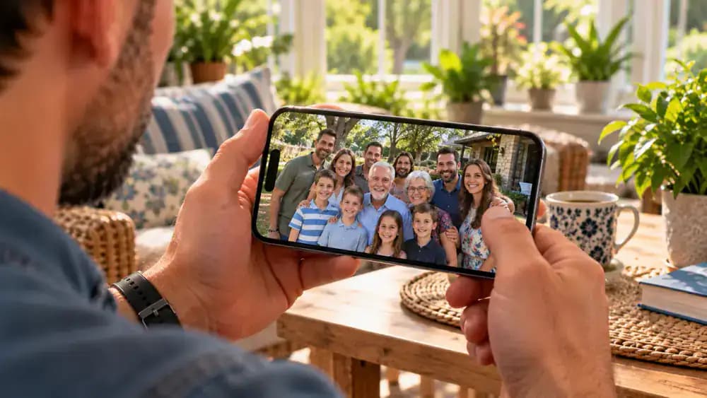 Adult holding an iPhone at a glass table in a bright conservatory, viewing an older family reunion photo at full size in the Photos app while checking other family memories in the thumbnail strip.