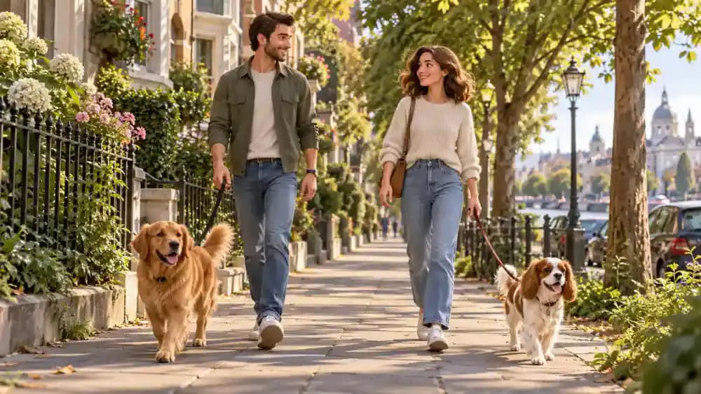Two leashed dogs walking parallel outdoors during a controlled introduction