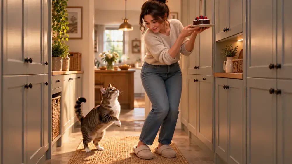 Gift ribbons and twine being placed into a closed organizer while a cat watches from a dining chair