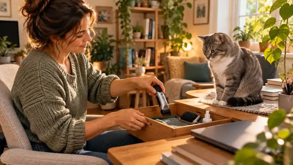 Relaxed gray cat watching its owner calmly lift and replace closed nail clippers on a wooden side table in a softly lit home office.
