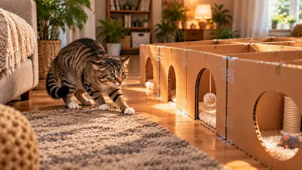 Side-by-side comparison of relaxed cat behavior and hesitant body language near a cardboard maze entrance, including backward ears and a lowered tail, as an owner removes a section.
