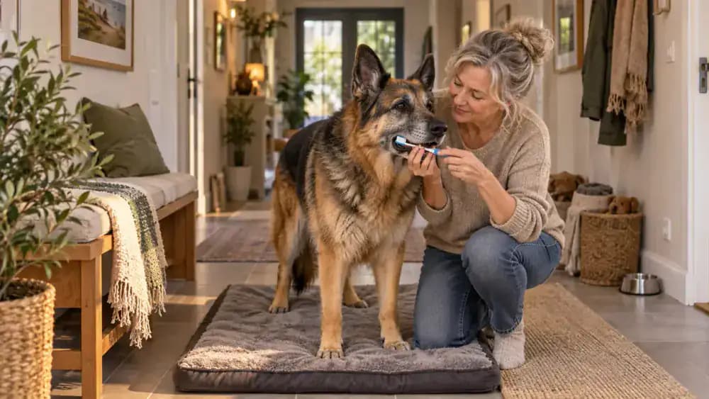 Senior German shepherd standing comfortably on a padded hallway mat while its owner brushes from the side