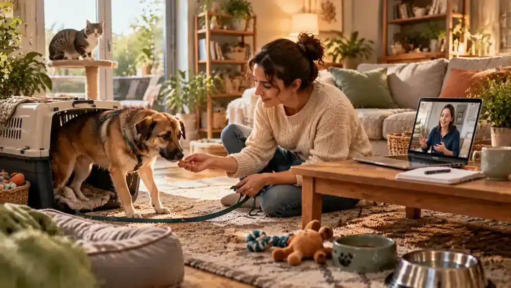 Rescue volunteer welcomes a foster dog into a temporary home while reviewing care instructions and a fostering agreement with a rescue coordinator over a video call.