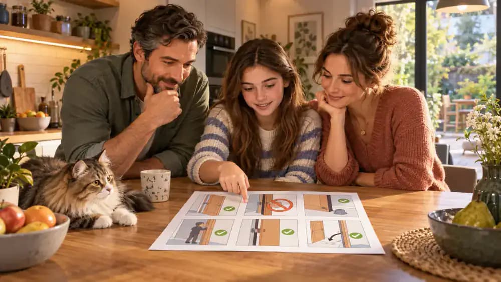 Two parents and a teenager reviewing an illustrated doorway safety checklist in a bright kitchen while their longhaired cat rests on a padded chair, followed by an adult securing an interior barrier before using the front door.