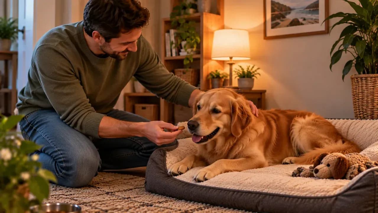 Dog gradually progressing from standing on a mat to lying down with a relaxed head