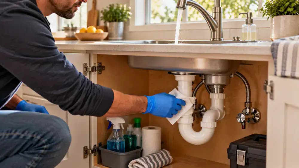 Split-level side view of a kitchen sink and organized under-sink cabinet as a person wearing blue protective gloves checks exposed pipe connections, drain trap, containment tray, and cabinet seams with a dry white paper towel after running the faucet.