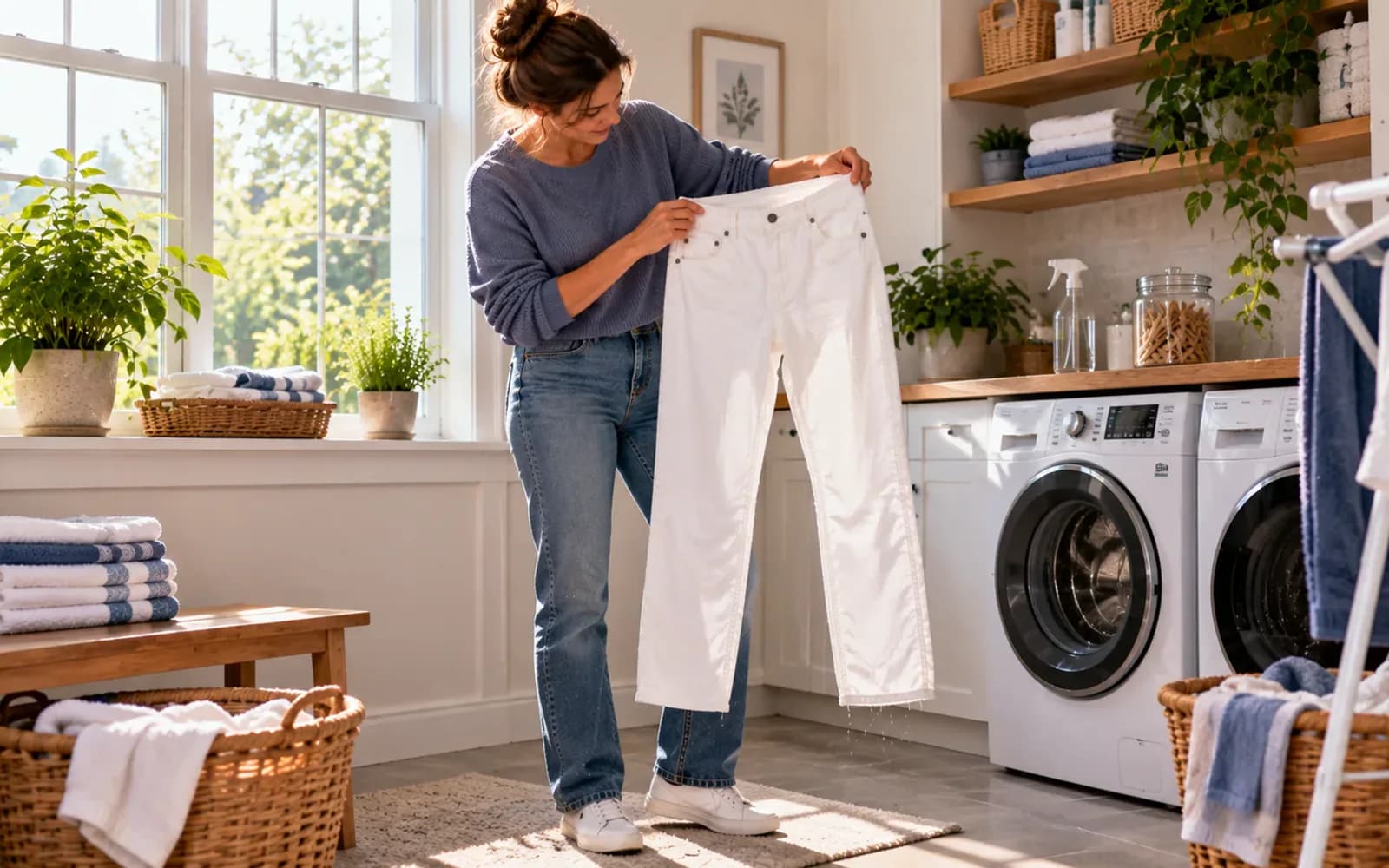 Person holding freshly washed damp white jeans by the waistband near a bright laundry room window while comparing the treated thigh area with clean denim on the opposite leg.