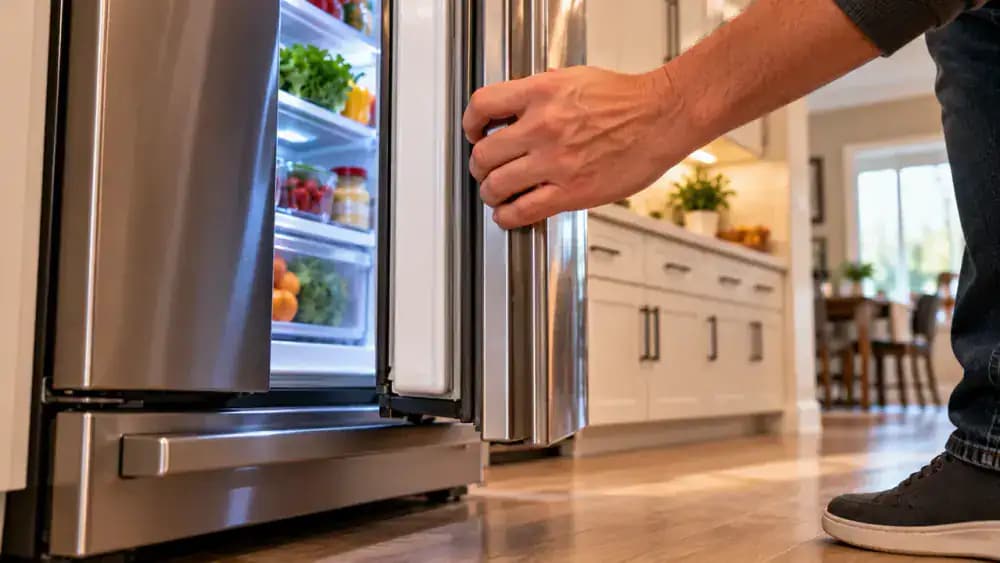 Person wearing a navy blue shirt gently closing a stainless steel refrigerator door by its handle and inspecting the clean gray rubber gasket along the upper and side edges for uneven gaps or twisted sections.